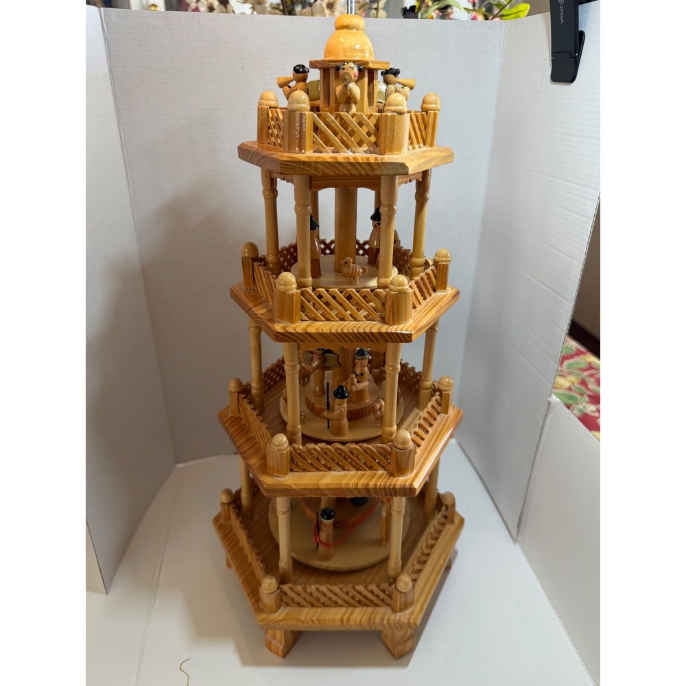 Vintage Wooden Christmas Pyramid 4 Tier Nativity Scene German Style Carousel